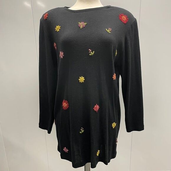 Black Dress 1XL Embroidered Floral Boho Chic Long Sleeve Flowy Elegant - Picture 1 of 8